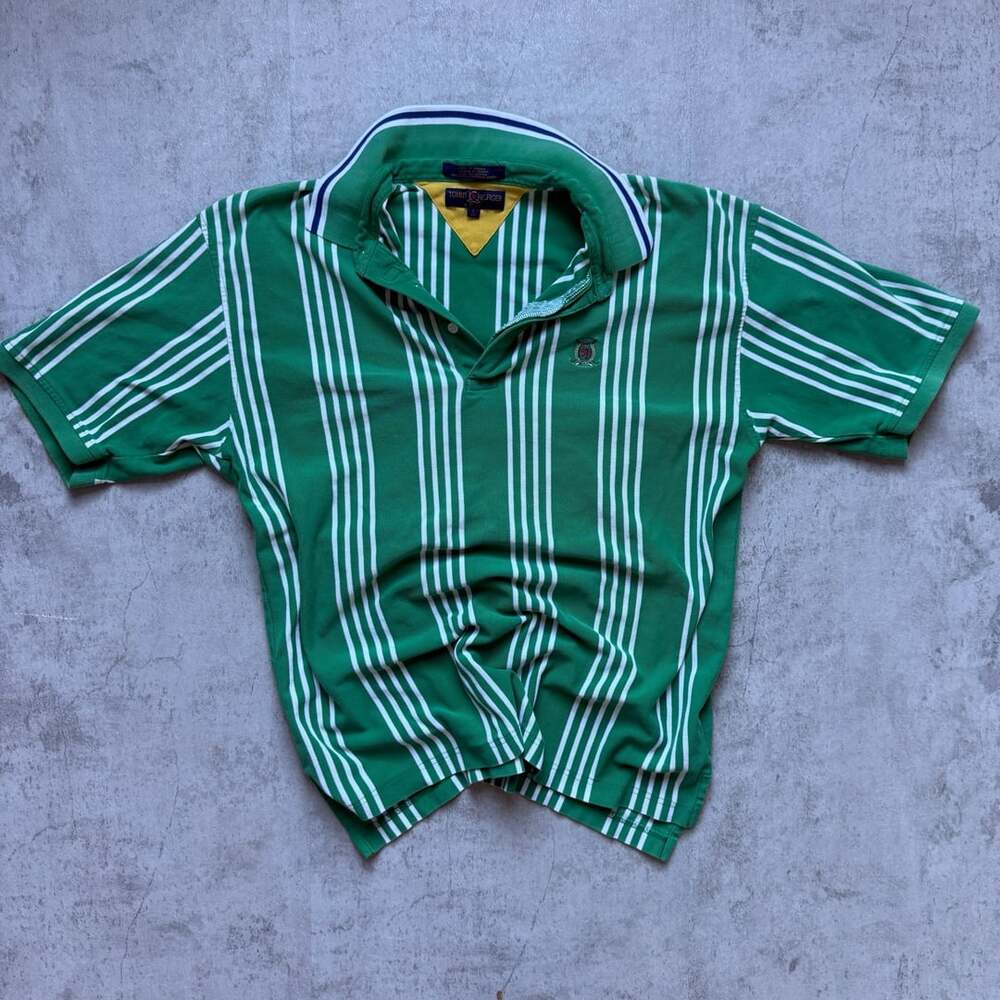 Vintage Tommy Hilfiger Green And White Stripe Polo...